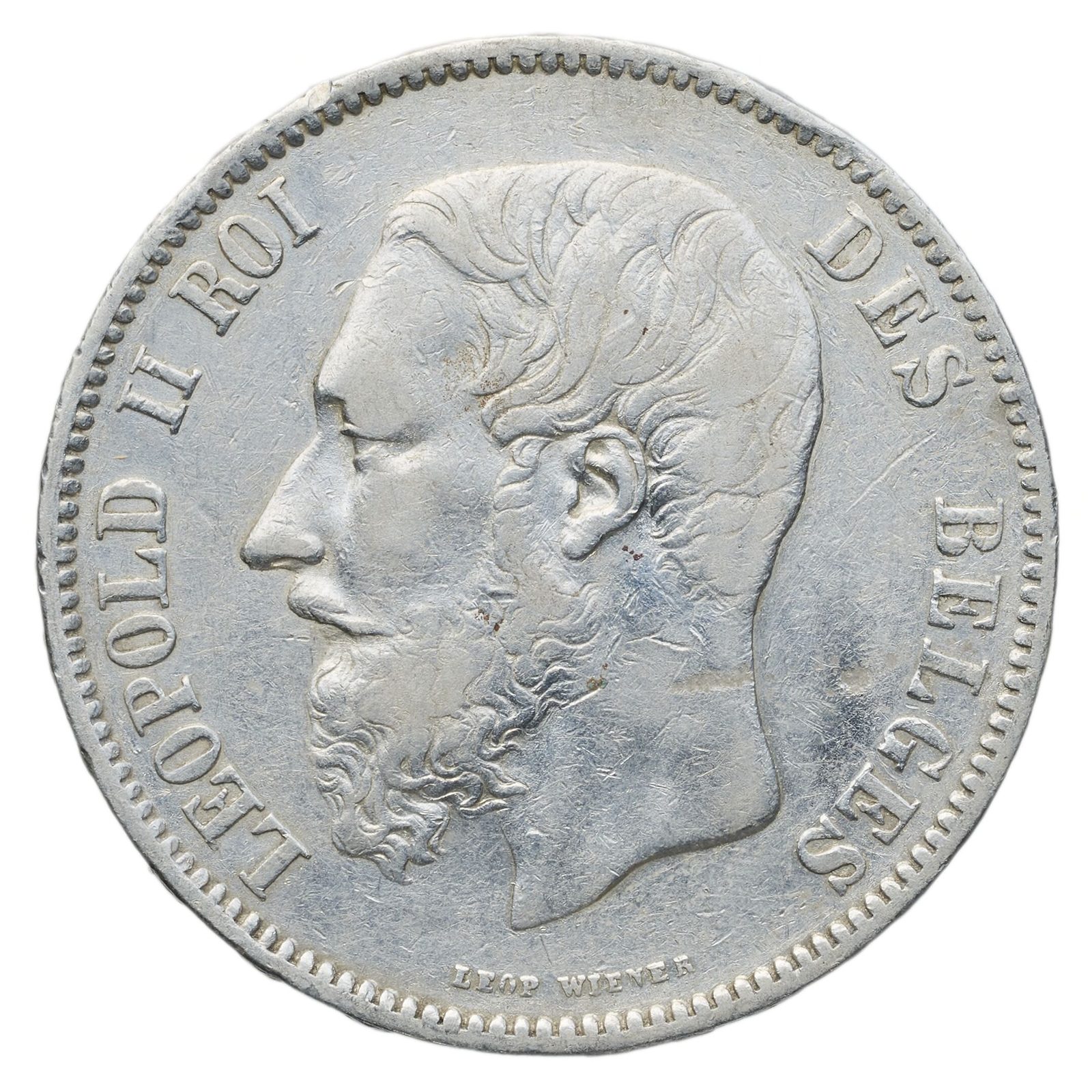 Avers de 5 francs Léopold II (1868, Belgique), argent.