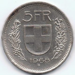 Avers de 1 franc Helvetia (1968, Suisse), cupronickel.