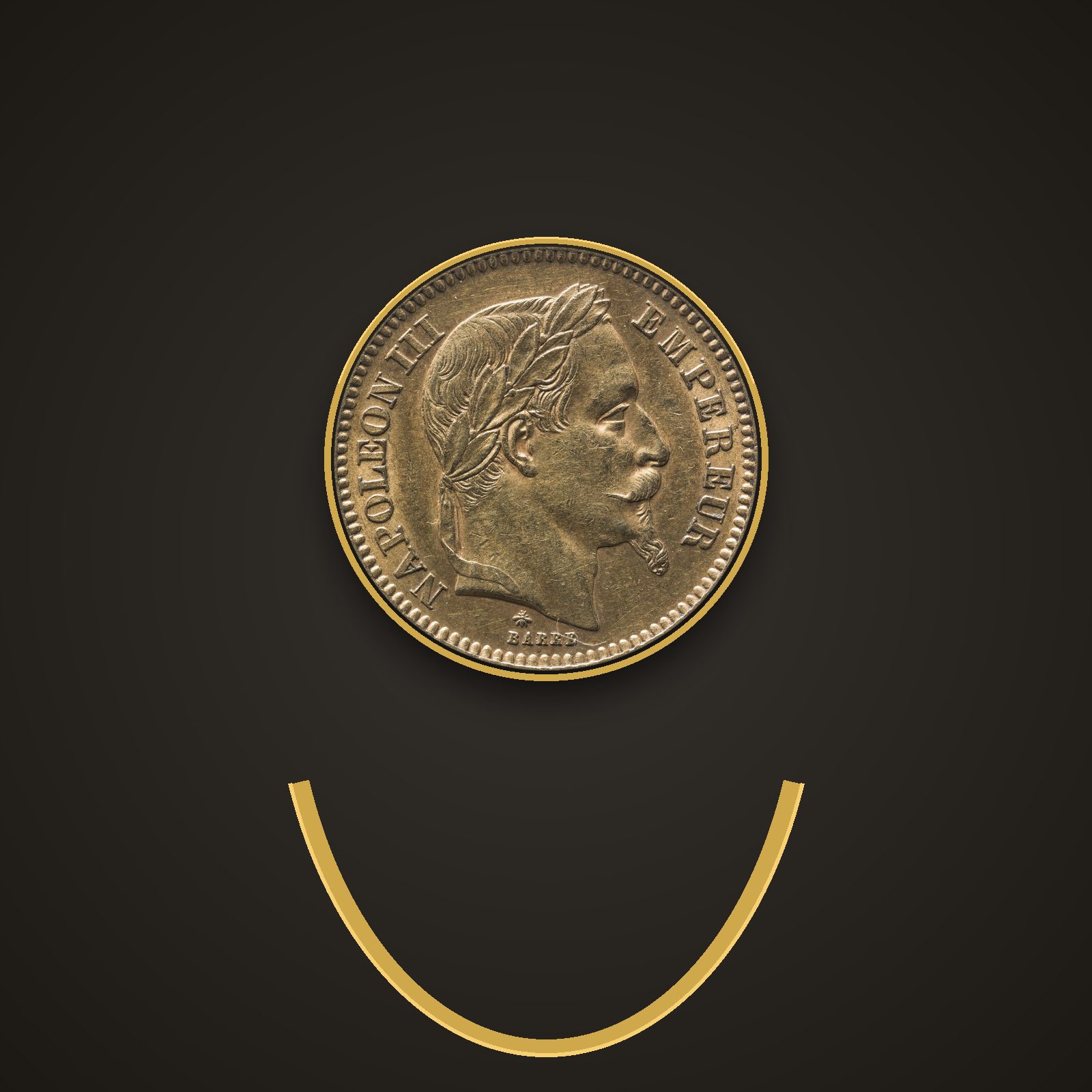 Bague chevalière en or 18 carats sertie d'un 20 francs or Napoléon III 1866, vue de face.