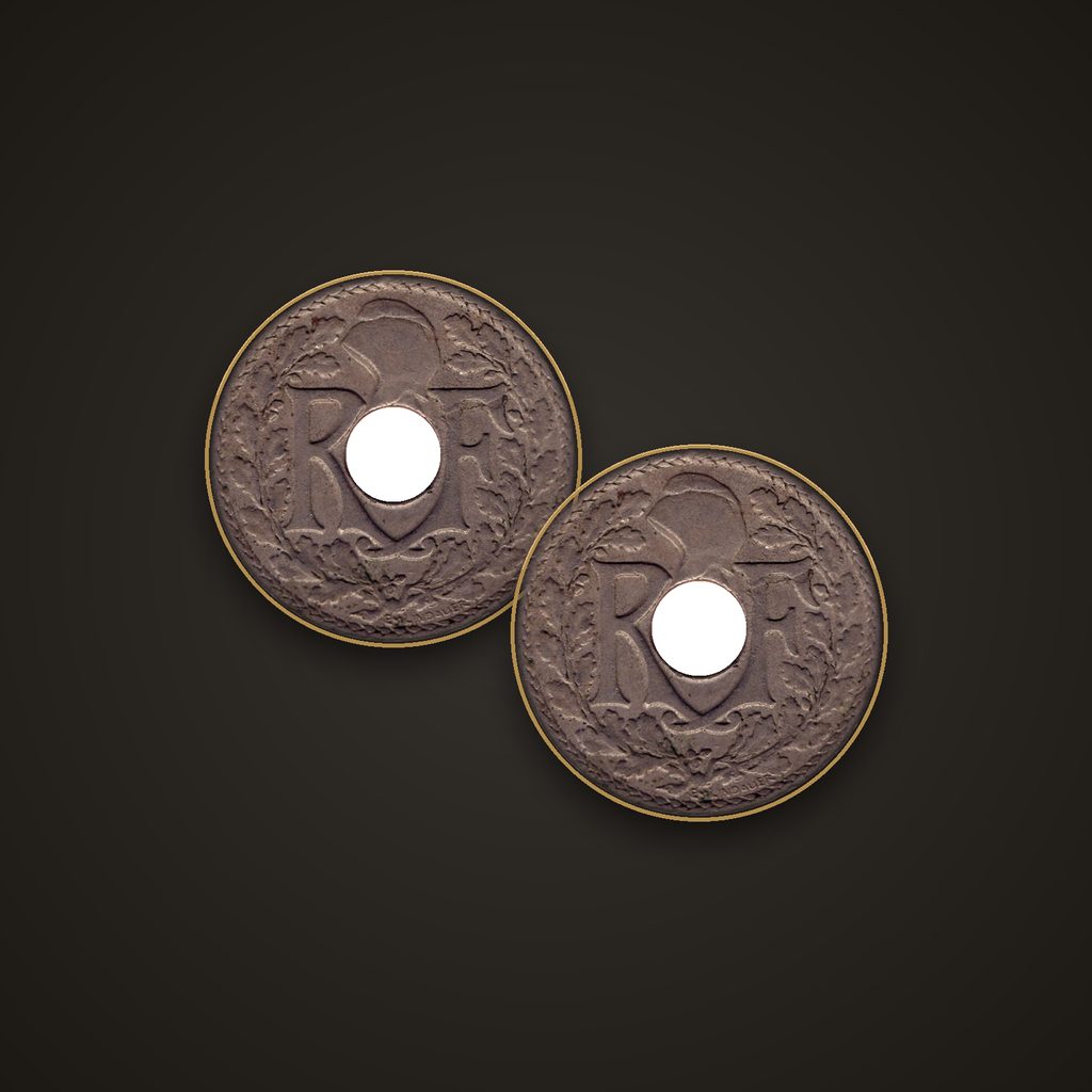 Paire de boutons de manchette montés sur deux 10 centimes Lindauer 1917, laiton patiné.