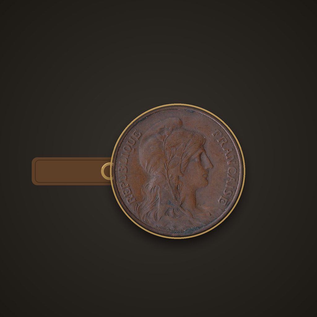Porte-clés en cuir et laiton monté sur un 5 centimes Dupuis 1912.
