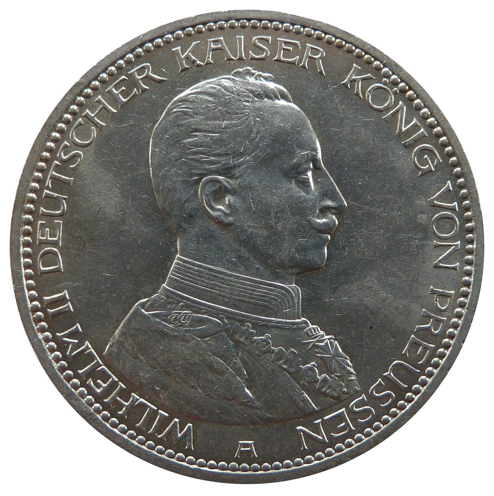 Avers du 5 Mark Guillaume II Prusse 1913 : buste en uniforme du roi de Prusse, atelier de Berlin.