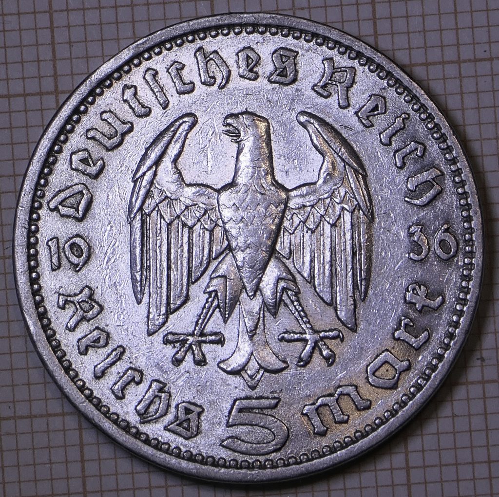 Avers de 5 Reichsmark (1936, Allemagne), argent.