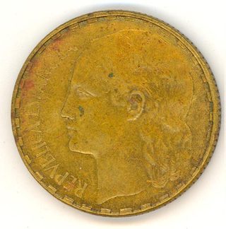 Avers de 1 peseta Espagne (1937, Espagne), laiton.