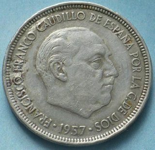 Avers de 5 pesetas Franco (1957, Espagne), cupronickel.
