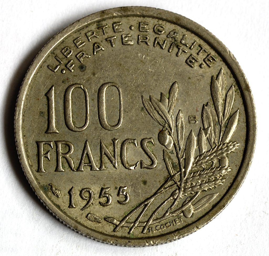 Avers du 100 francs Cochet 1955 : buste de Marianne au bonnet phrygien, atelier de Beaumont-le-Roger.