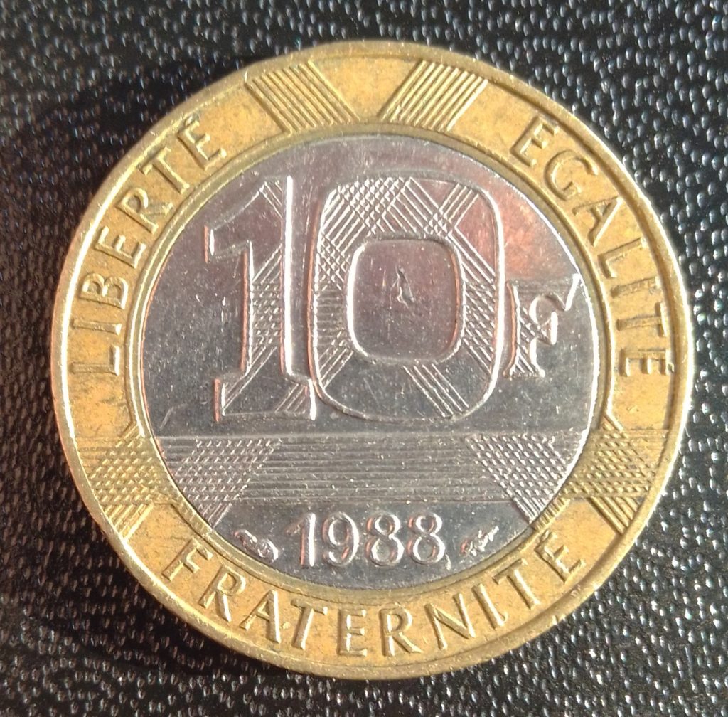 Avers de 10 francs Génie de la Bastille (1988, France), bimétallique.