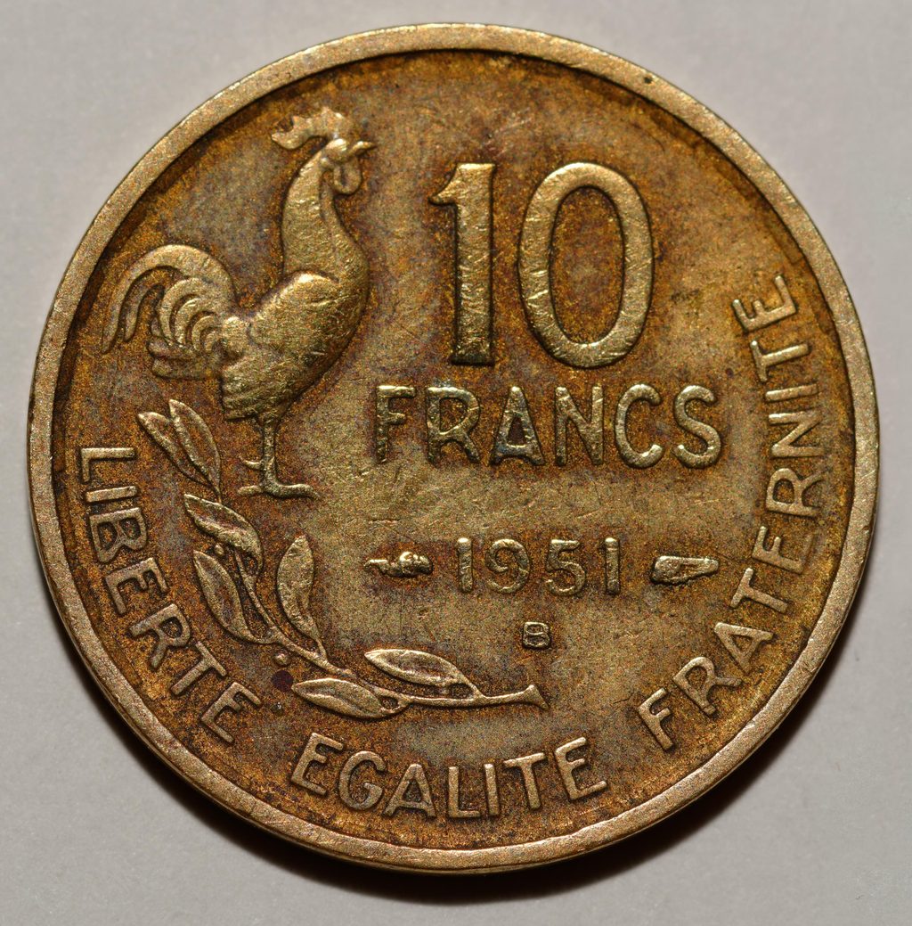 Avers de 10 francs Guiraud (1952, France), bronze-aluminium.