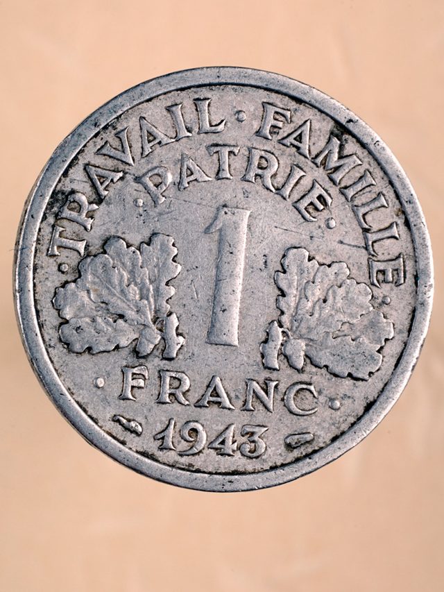 Avers de 1 franc Francisque (1943, France), aluminium.