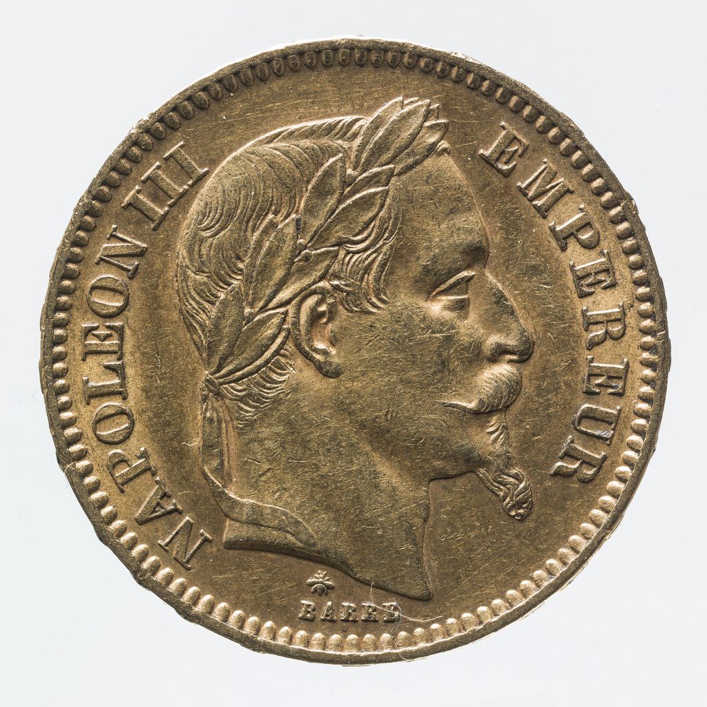 Avers du 20 francs or Napoléon III tête laurée 1866 : profil impérial, atelier de Paris (A).