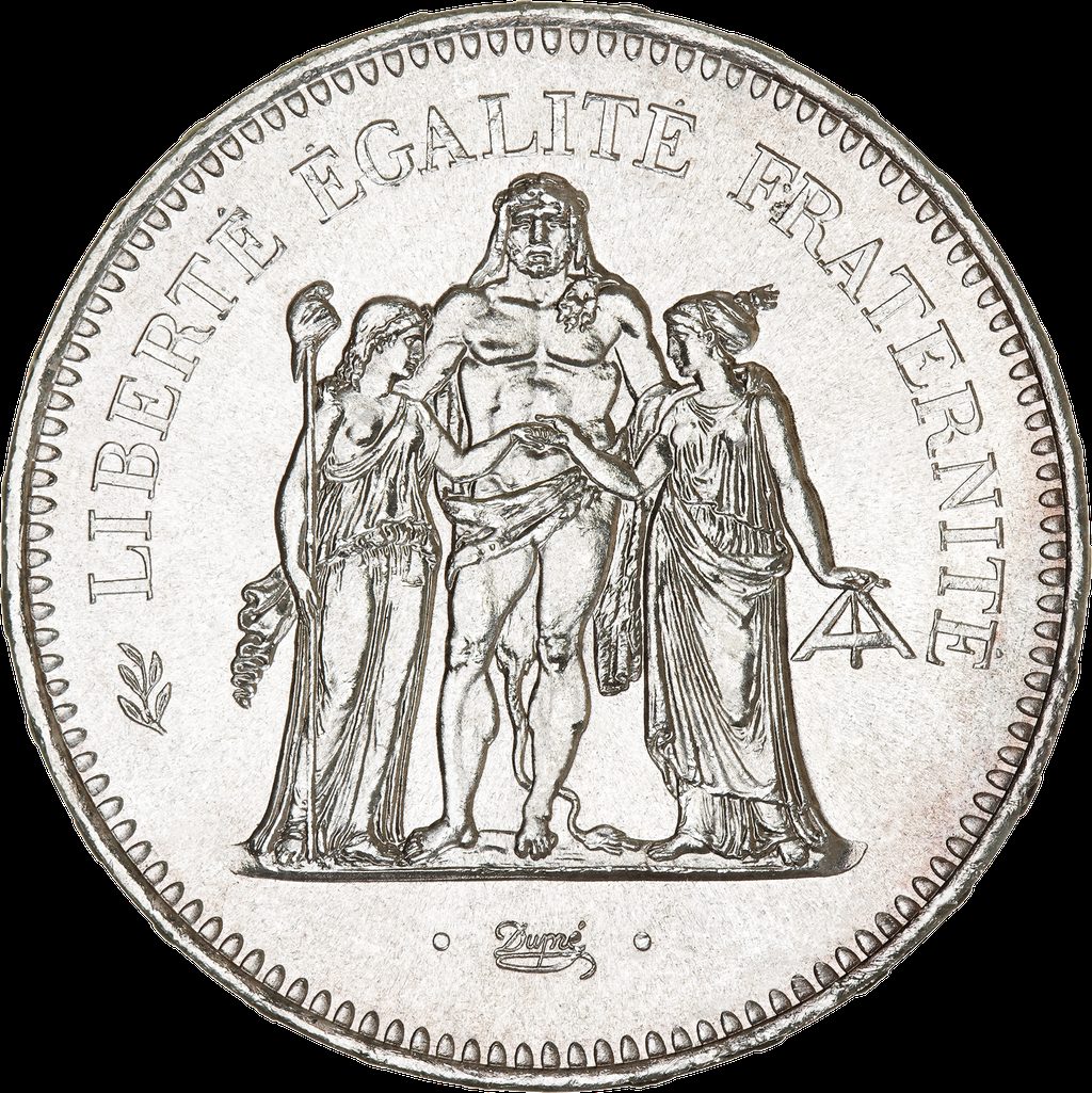 Avers du 50 francs Hercule 1976 : grand module 41 mm, motif d'Hercule entre Liberté et Égalité.