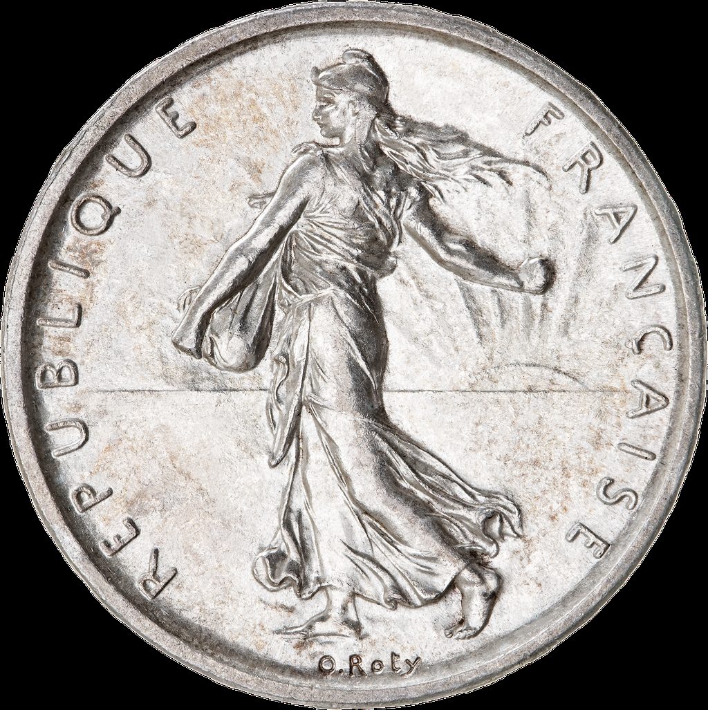 Avers du 5 francs Semeuse 1960 : Semeuse marchante d'Oscar Roty, argent 835 pour mille.