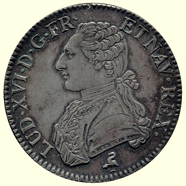 Avers de l'écu de 6 livres Louis XVI 1789 : profil du roi, atelier de Paris, millésime de l'année révolutionnaire.