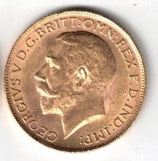 Avers du souverain George V 1912 : portrait du roi par Bertram Mackennal, Royal Mint de Londres.