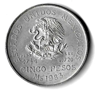 Avers de 5 pesos Hidalgo (1953, Mexique), argent.
